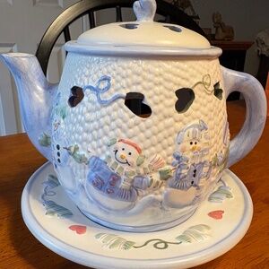 Vintage Teapot Wax Melt Simmer Teapot Snow Folks Teapot With Plate Home Decor